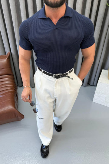 Slim fit Ribbed Knit Polo – Navy blue  0136