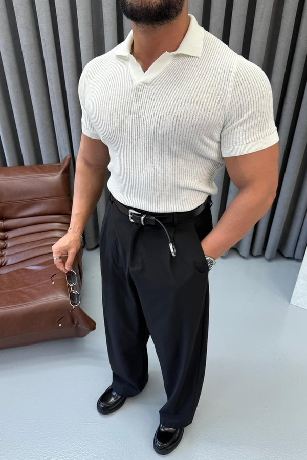 Ribbed Knit Polo – white 0136