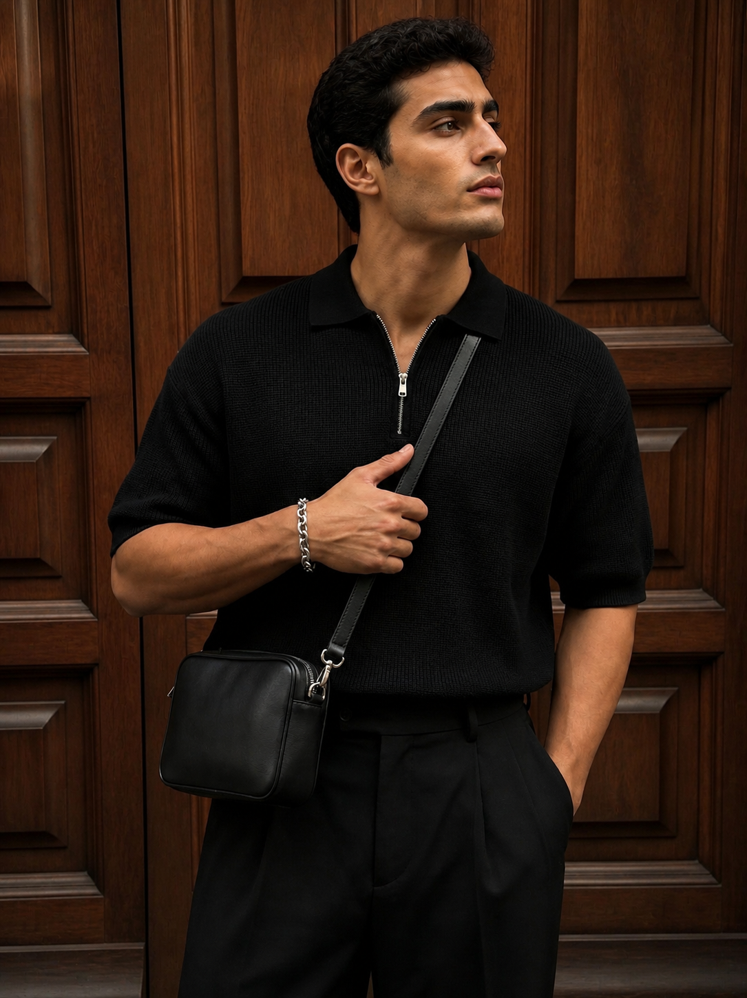 Textured Half-Zip Polo / black / 0160