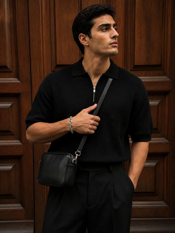 Textured Half-Zip Polo / black / 0160