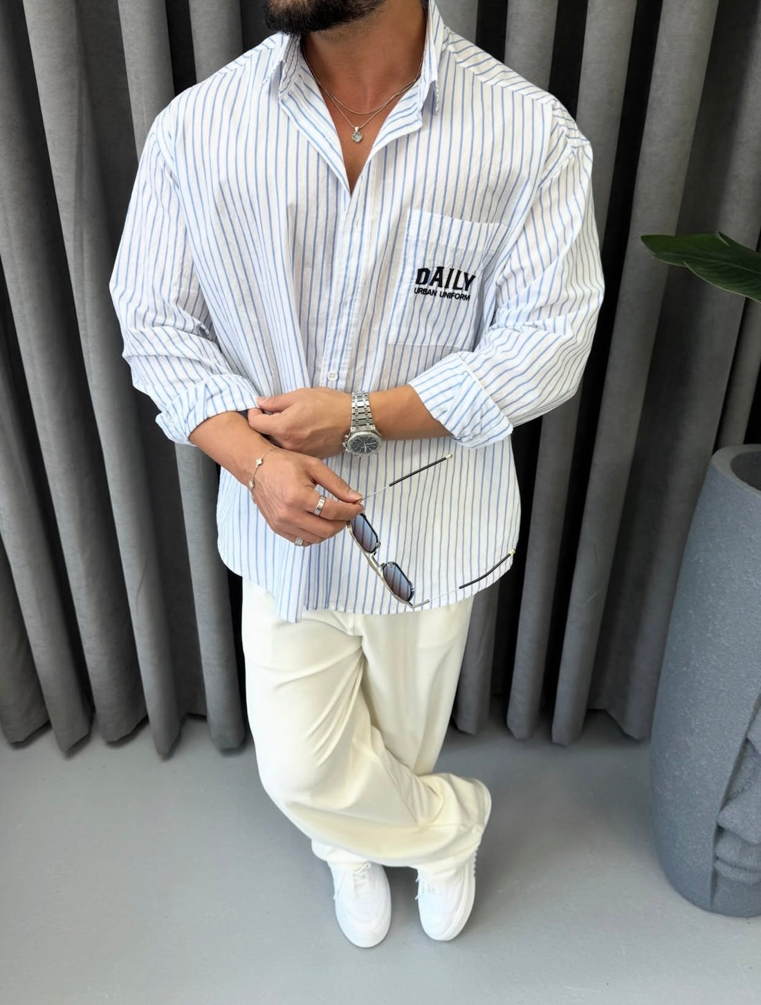 Daily Urban Uniform Striped Shirt - White 0225