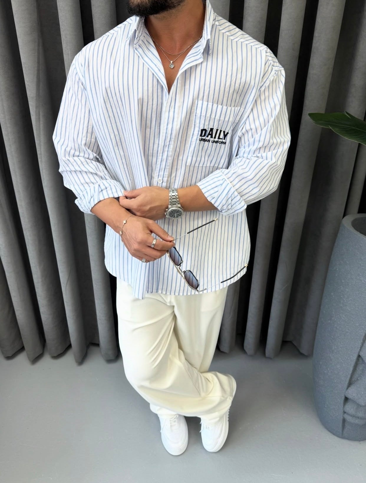 Daily Urban Uniform Striped Shirt - White 0225