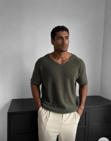 Ribbed V-Neck Knit T-Shirt – green army-0032