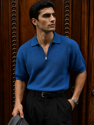 Textured Half-Zip Polo / blue / 0160