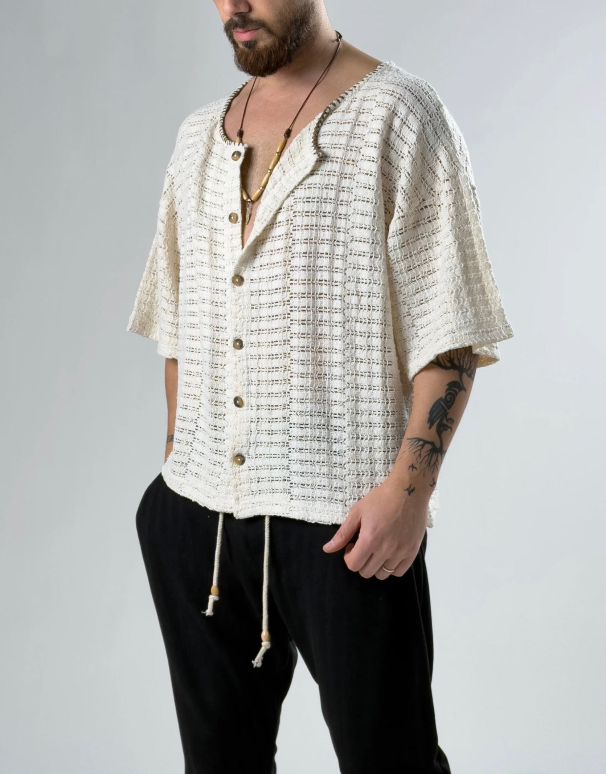 Textured Knit Button Shirt – Off White 0128