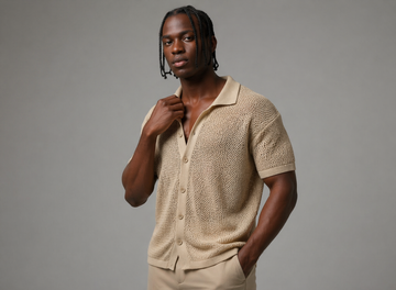 Premium Textured Knit Short-Sleeve Shirt / beige  0169
