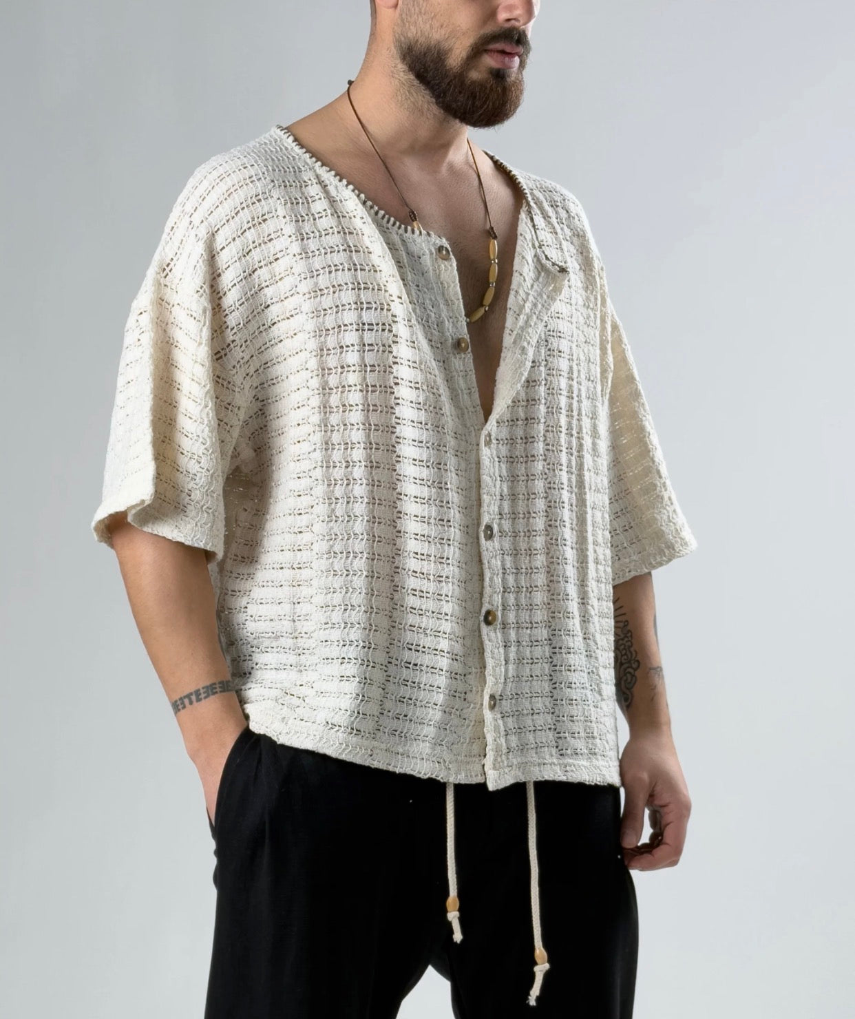 Textured Knit Button Shirt – Off White 0128
