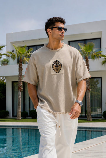 Embroidered Textured T-Shirt – Sand Beige 0201