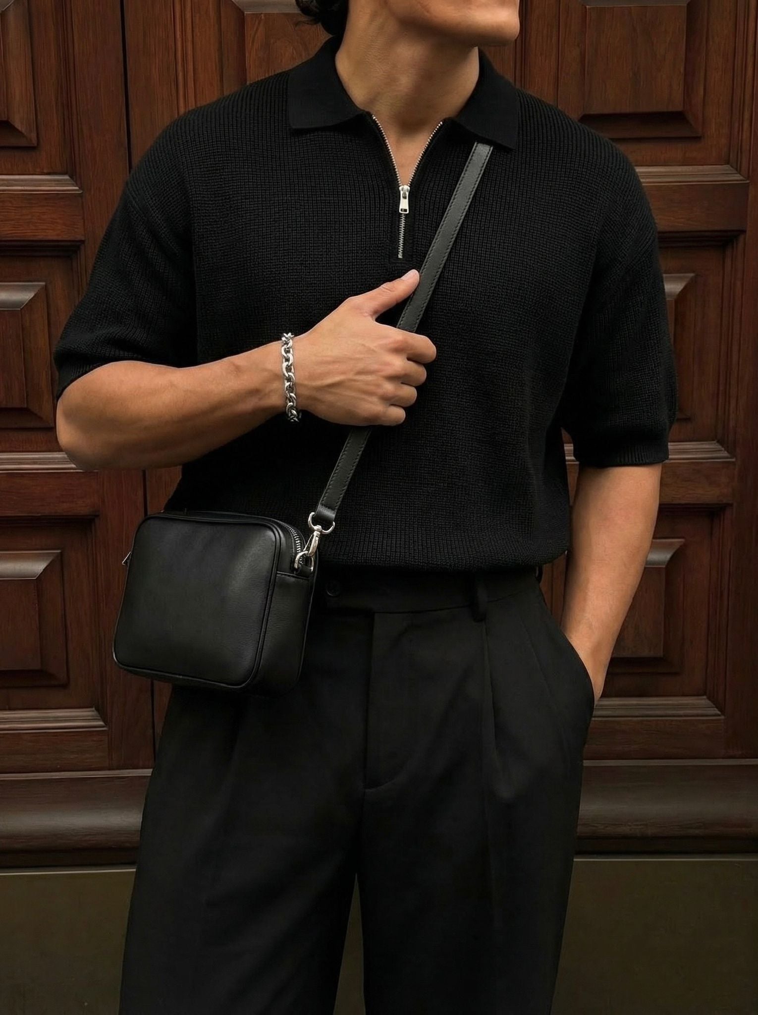 Textured Half-Zip Polo / black / 0160