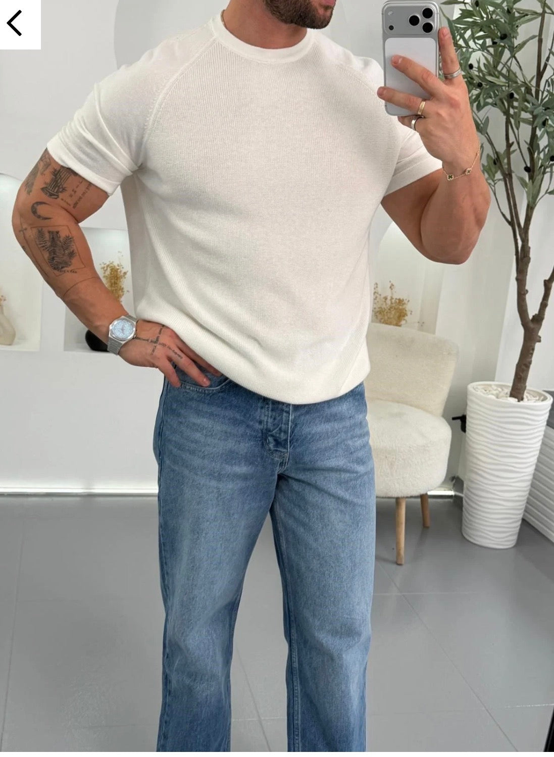 Slim Fit Ribbed Knit T-Shirt – white 0170