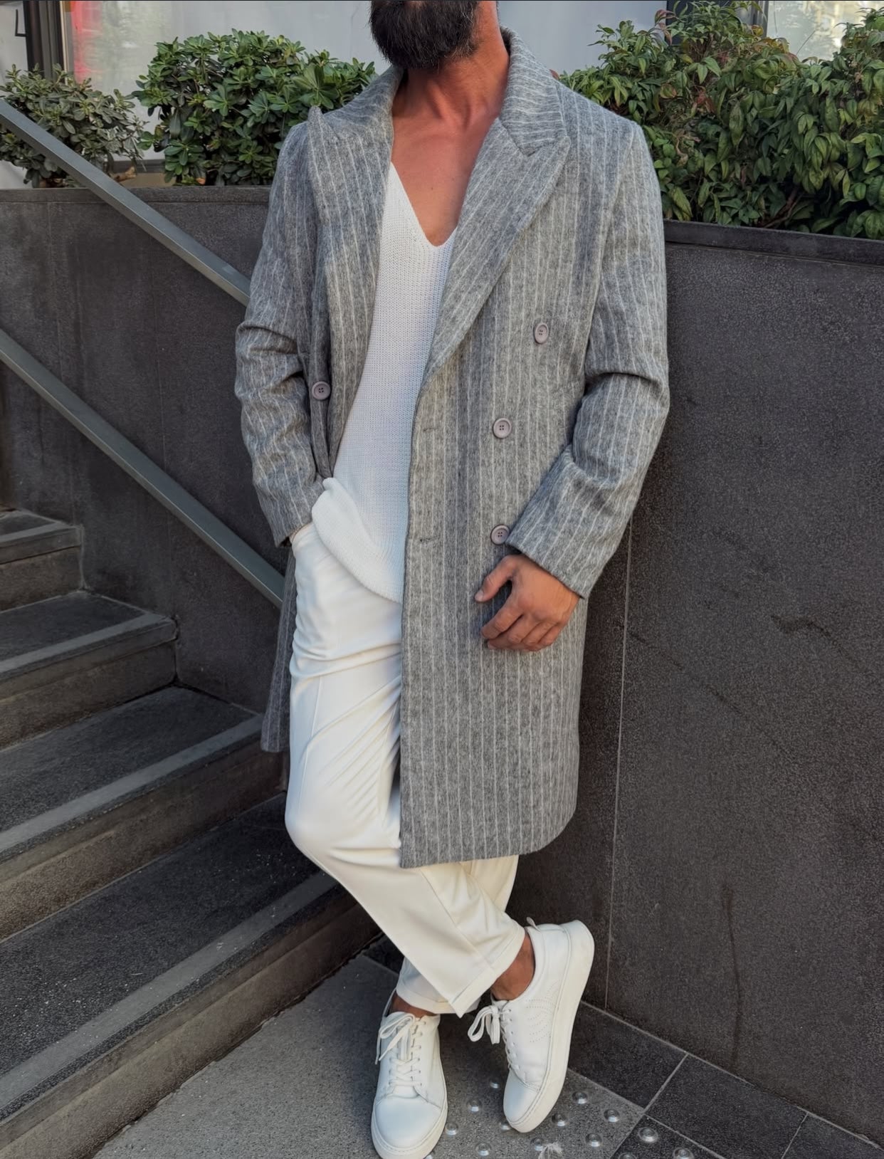 Textured water-repellent coat - light gray  0076