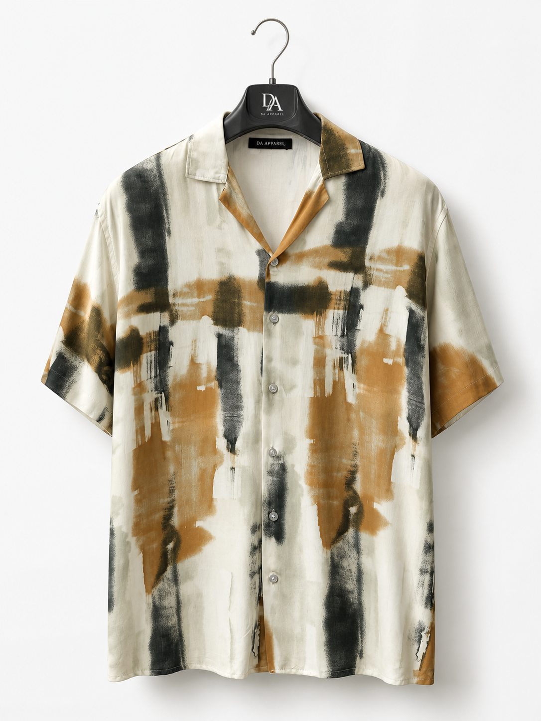 Abstract Brush Print Short Sleeve Shirt – Beige & Olive 0198
