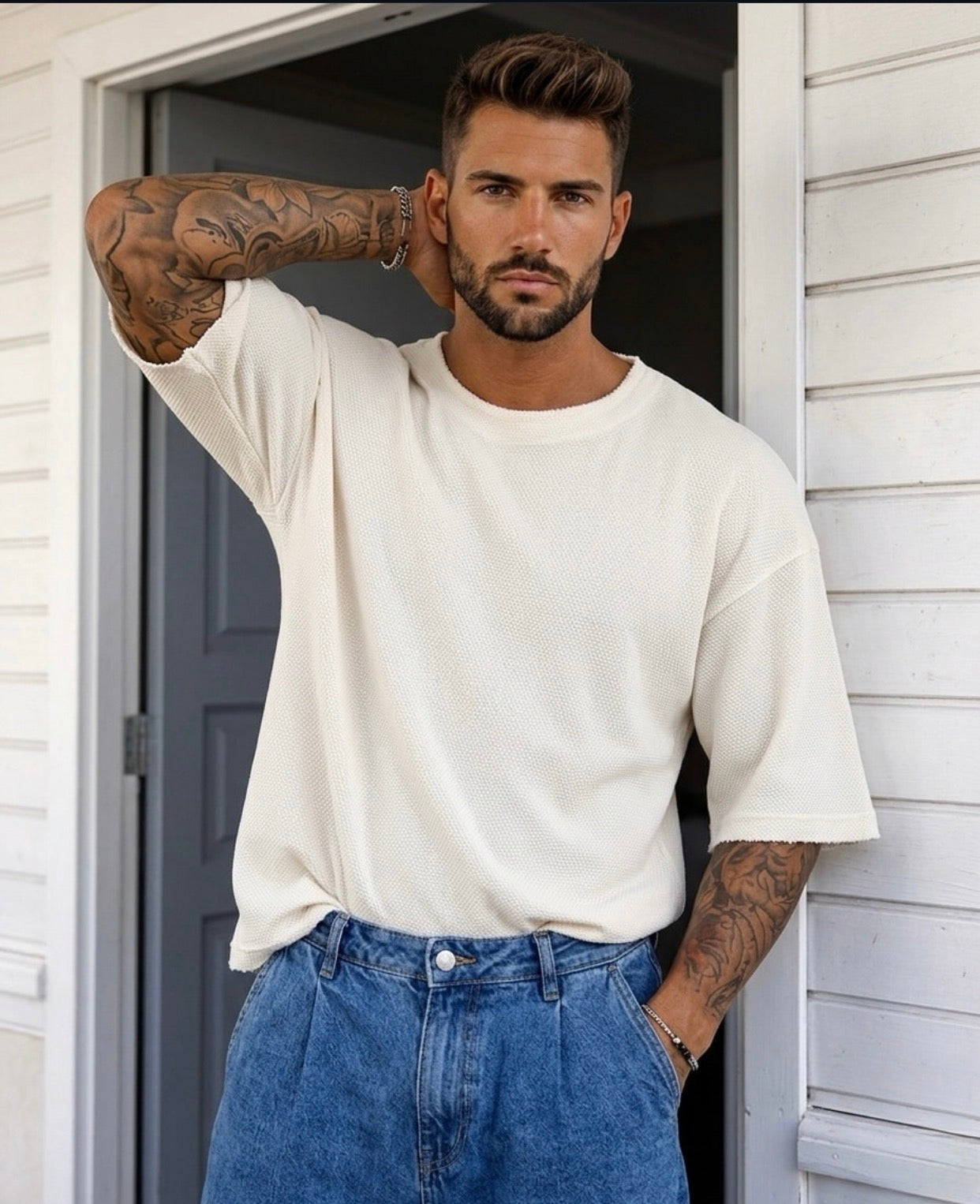 Oversized cotton shirt - off white- 0023