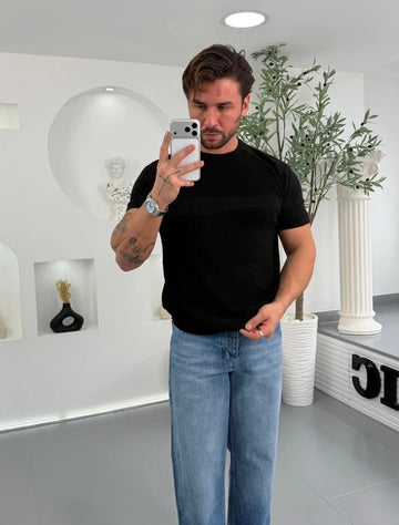 Slim Fit Ribbed Knit T-Shirt – black 0170