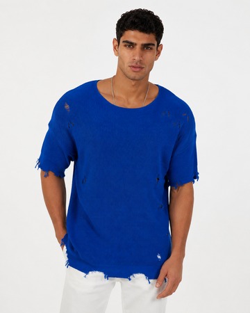 Premium Distressed Knit T-Shirt – blue 0026