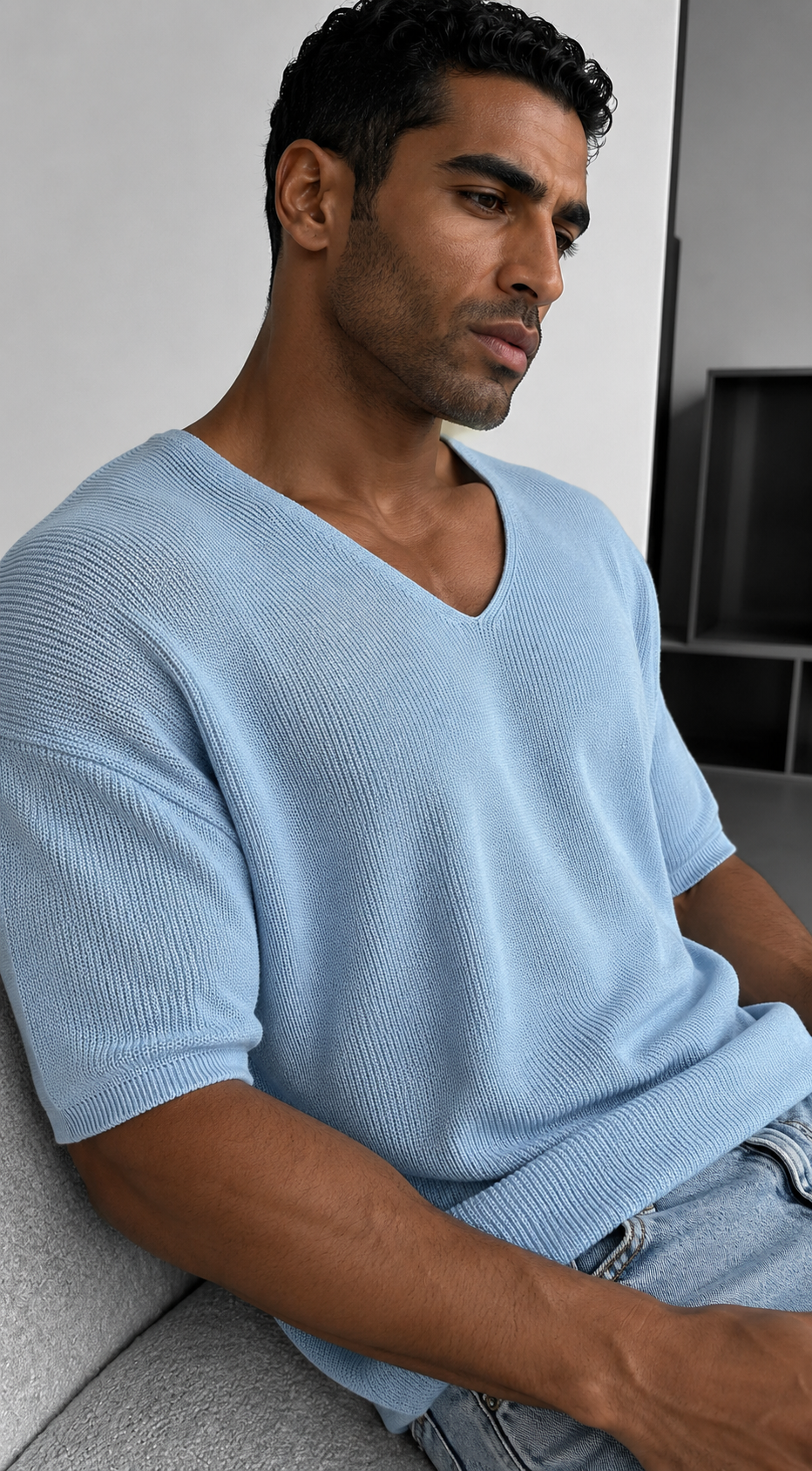 Ribbed V-Neck Knit T-Shirt – baby-blue  0032