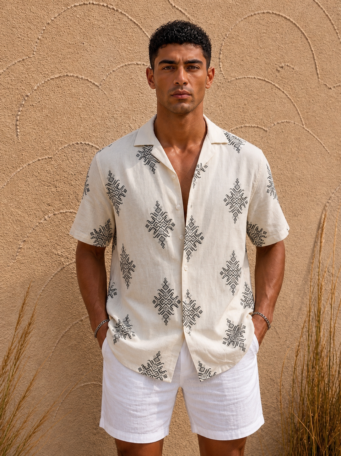 Geometric Print Short Sleeve Shirt / 0195- Off-White