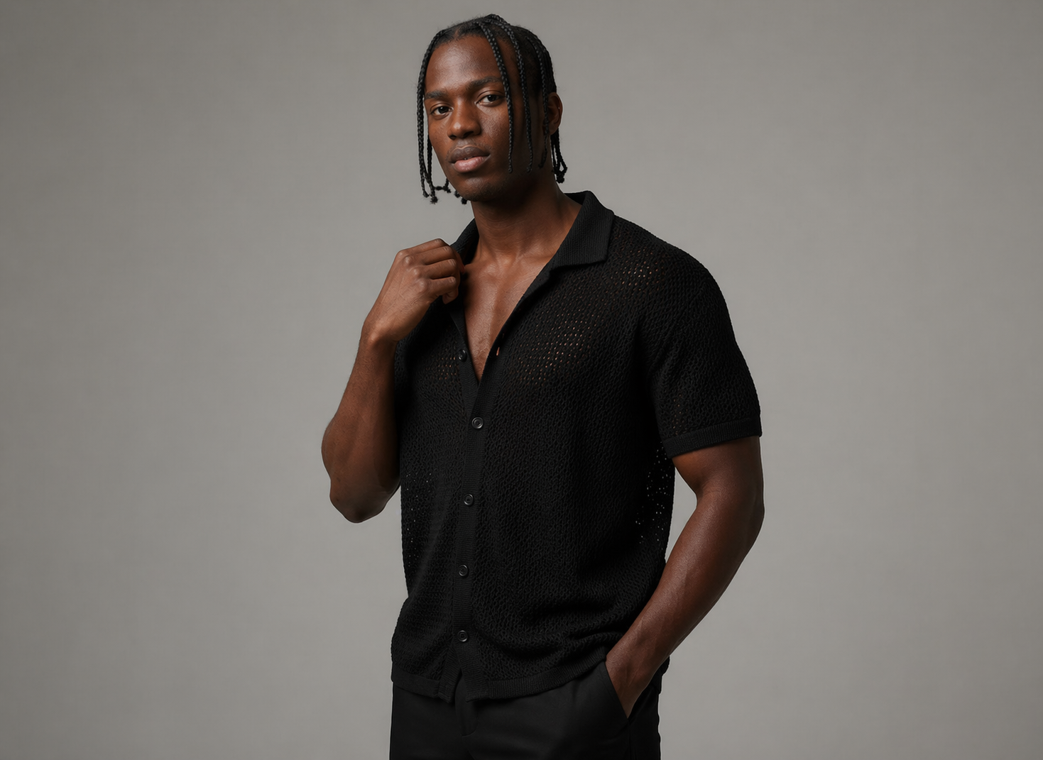 Premium Textured Knit Short-Sleeve Shirt / black  0169