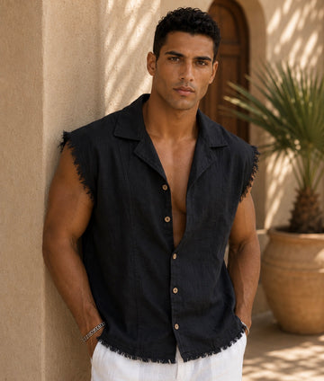 Raw Edge Sleeveless Linen Shirt - 0223/ black