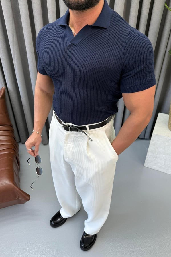 Slim fit Ribbed Knit Polo – Navy blue  0136