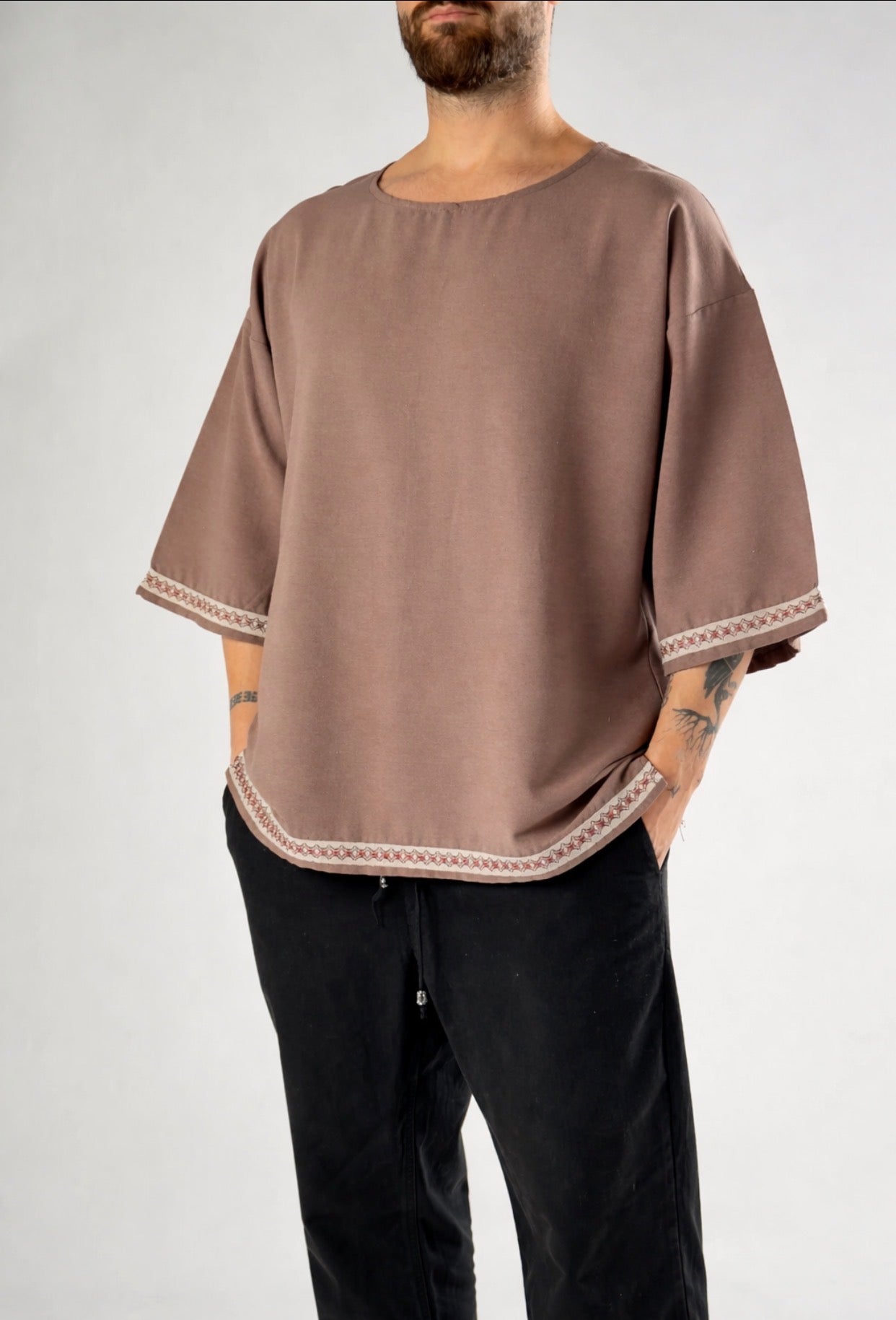 Oversized Linen Ethnic Top – Desert Taupe - 0119 light brown