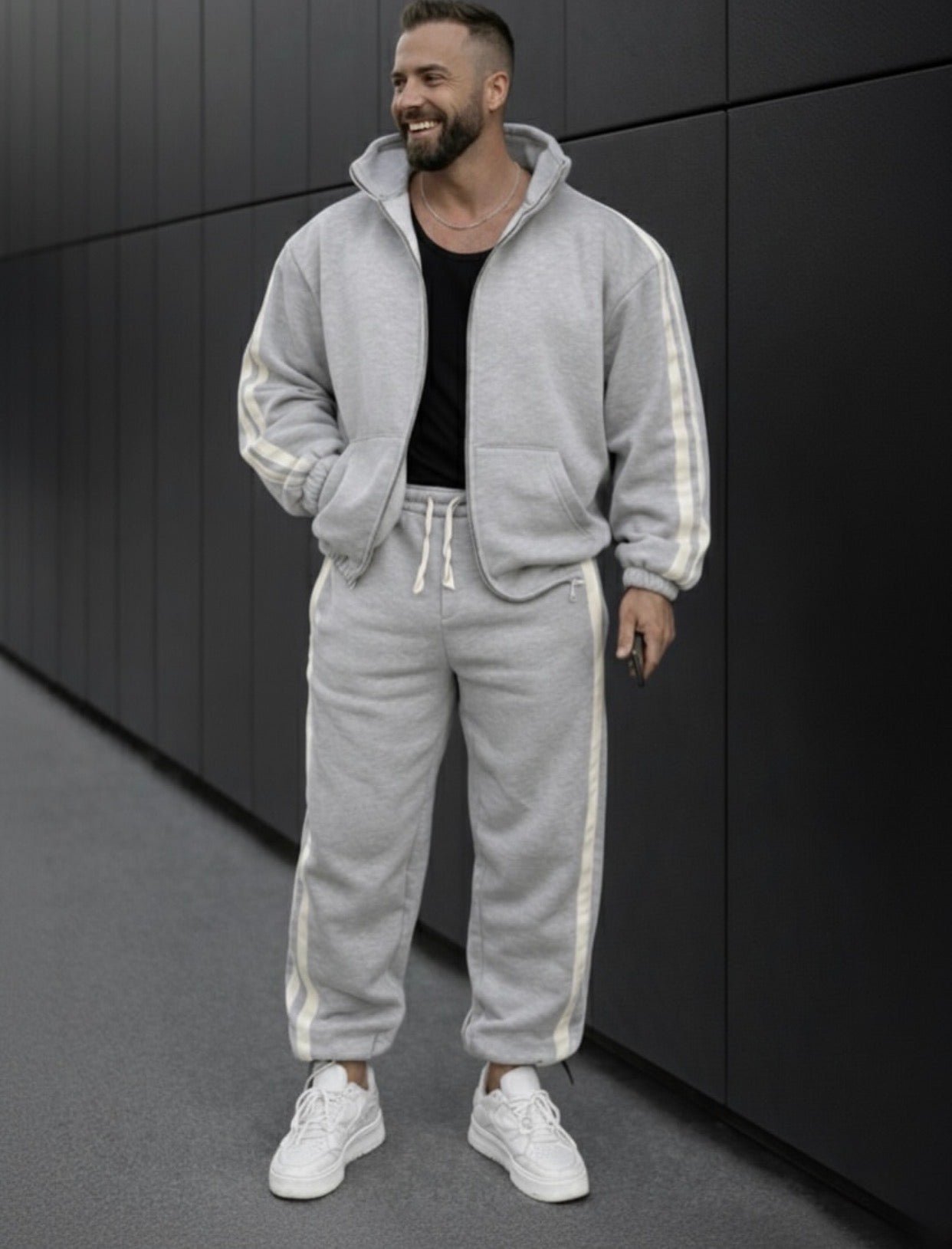Double stripes cotton tracksuit- 0111 gray