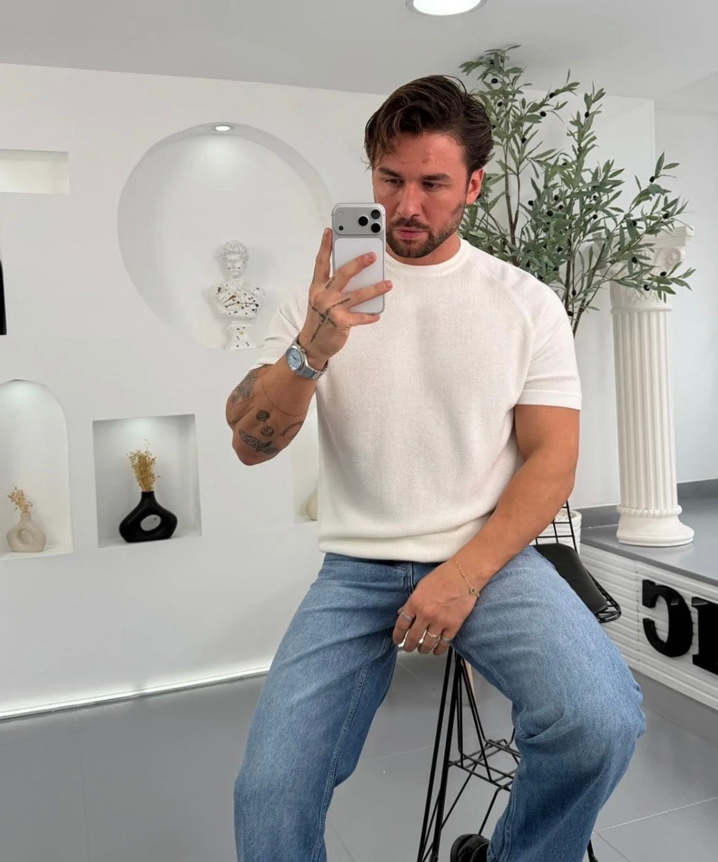Slim Fit Ribbed Knit T-Shirt – white 0170
