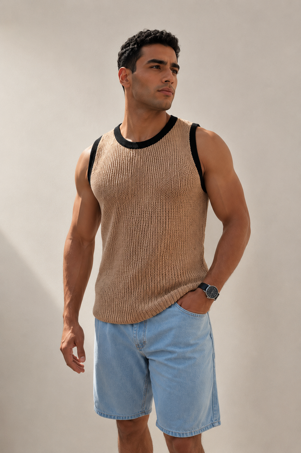 Contrast Knit Tank – Sand 0220