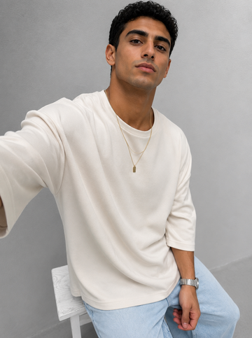 Oversized Drop-Shoulder T-Shirt – Beige - 0179