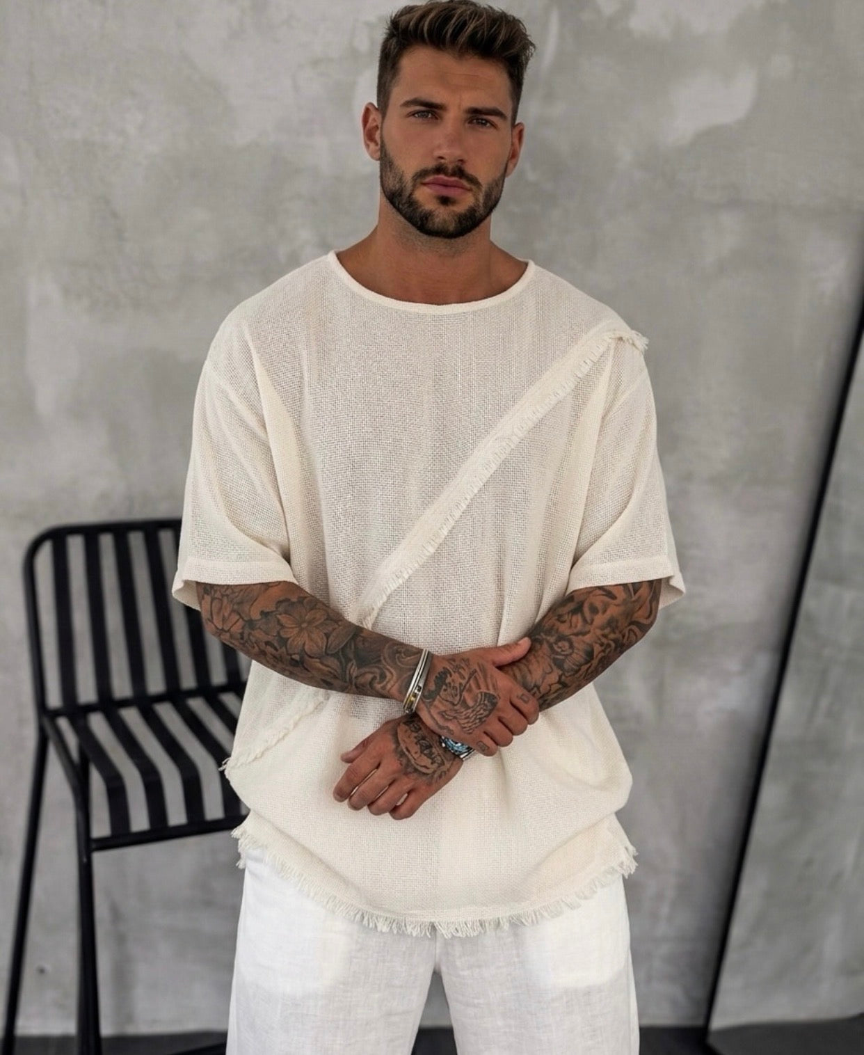 Linen Textured Oversized Summer Tshirt– Off White / 0168