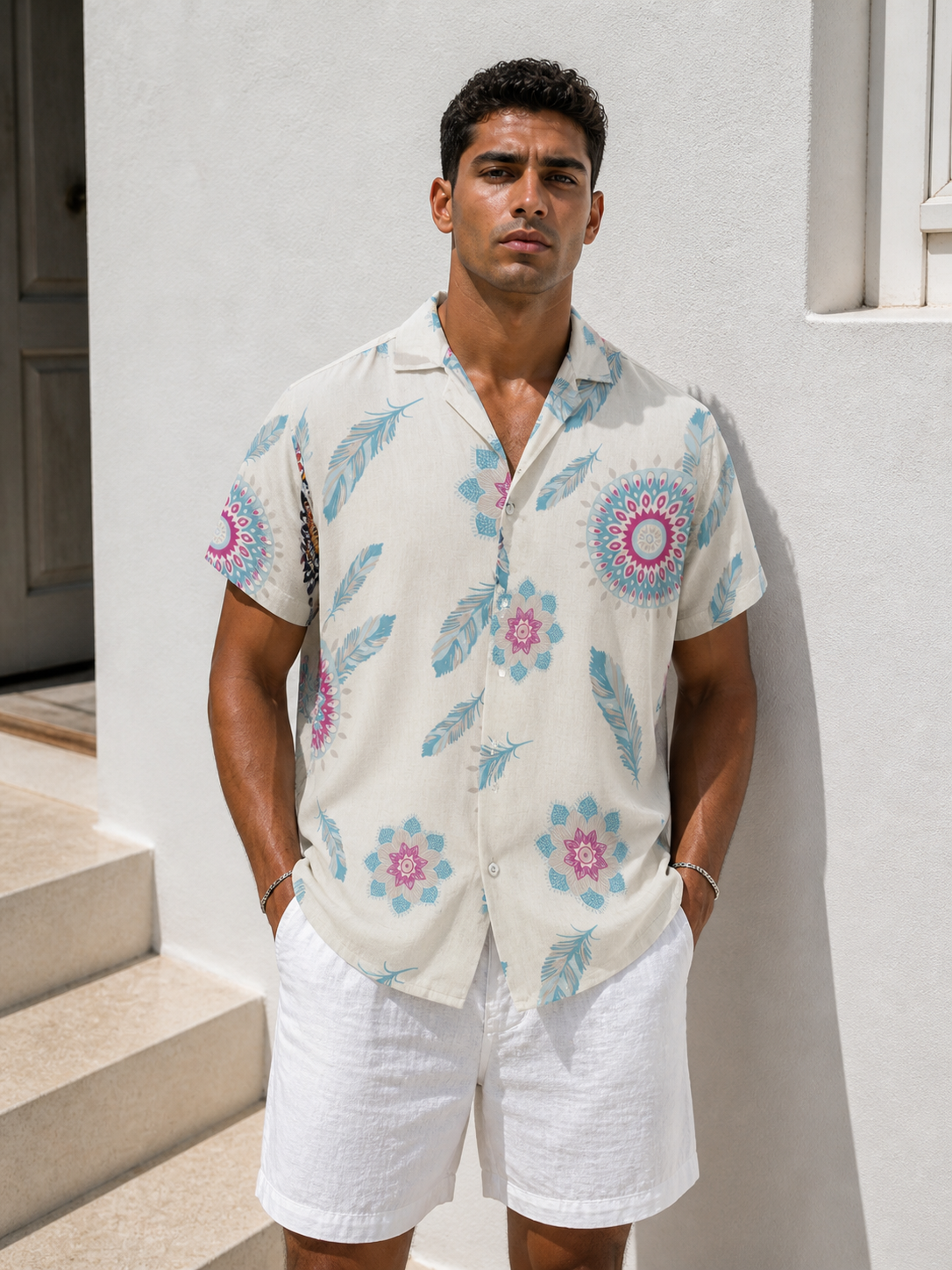 Pastel Boho Print Shirt – Cream Aqua Edition - 0188