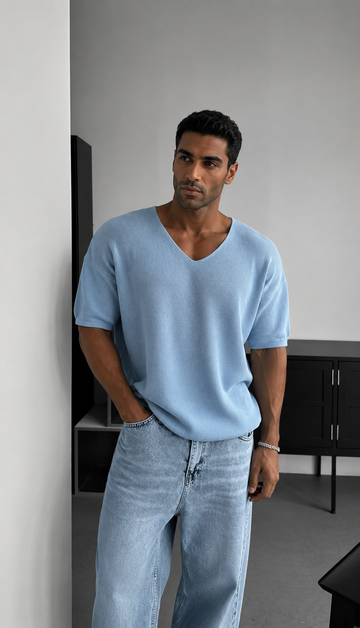 Ribbed V-Neck Knit T-Shirt – baby-blue  0032