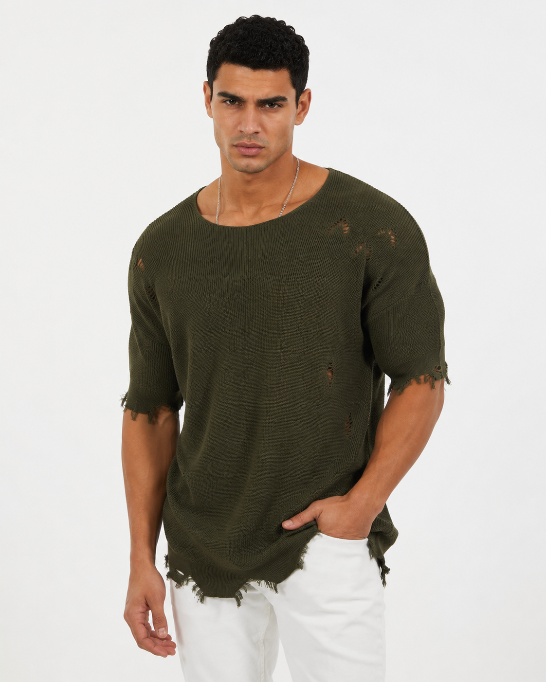 Premium Distressed Knit T-Shirt – olive oiled  0026