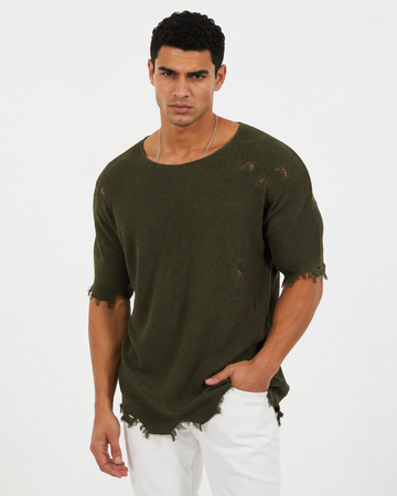 Premium Distressed Knit T-Shirt – olive oiled  0026