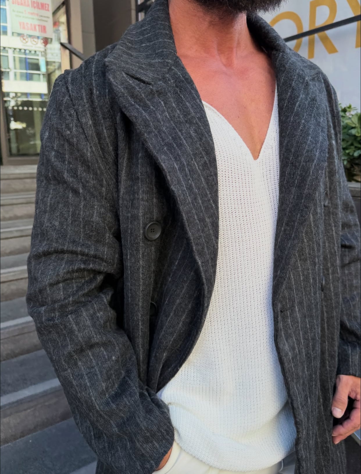 Textured water-repellent coat - dark gray  0076