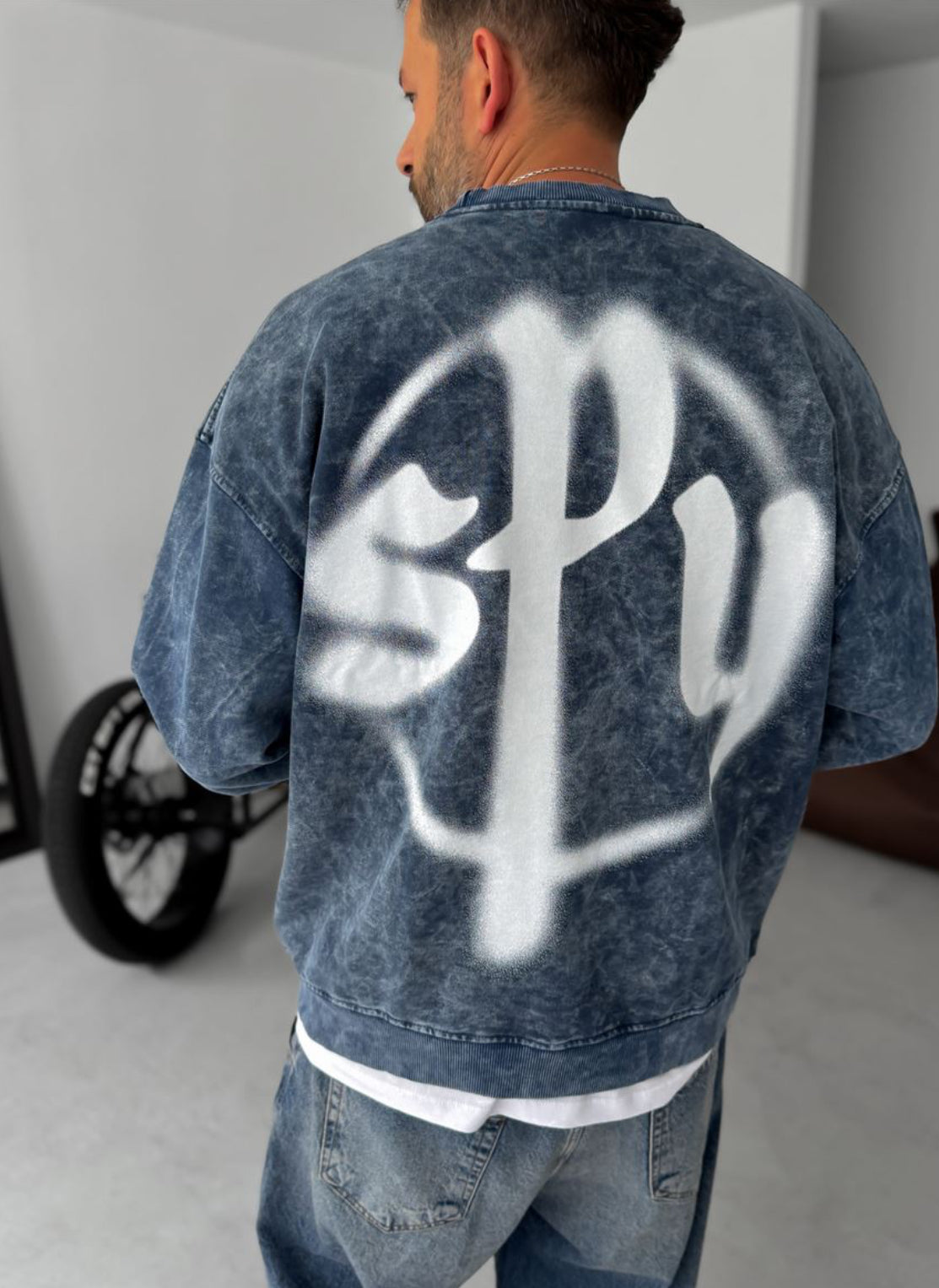 Washed spyware printed sweatshirt / navy blue  - 0056