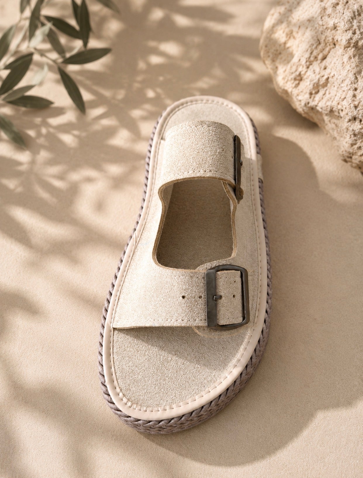 Suede Double-Buckle Sandals - 0211 / beige
