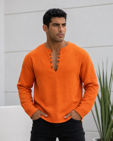 Linen Henley Shirt - 0163 / orange