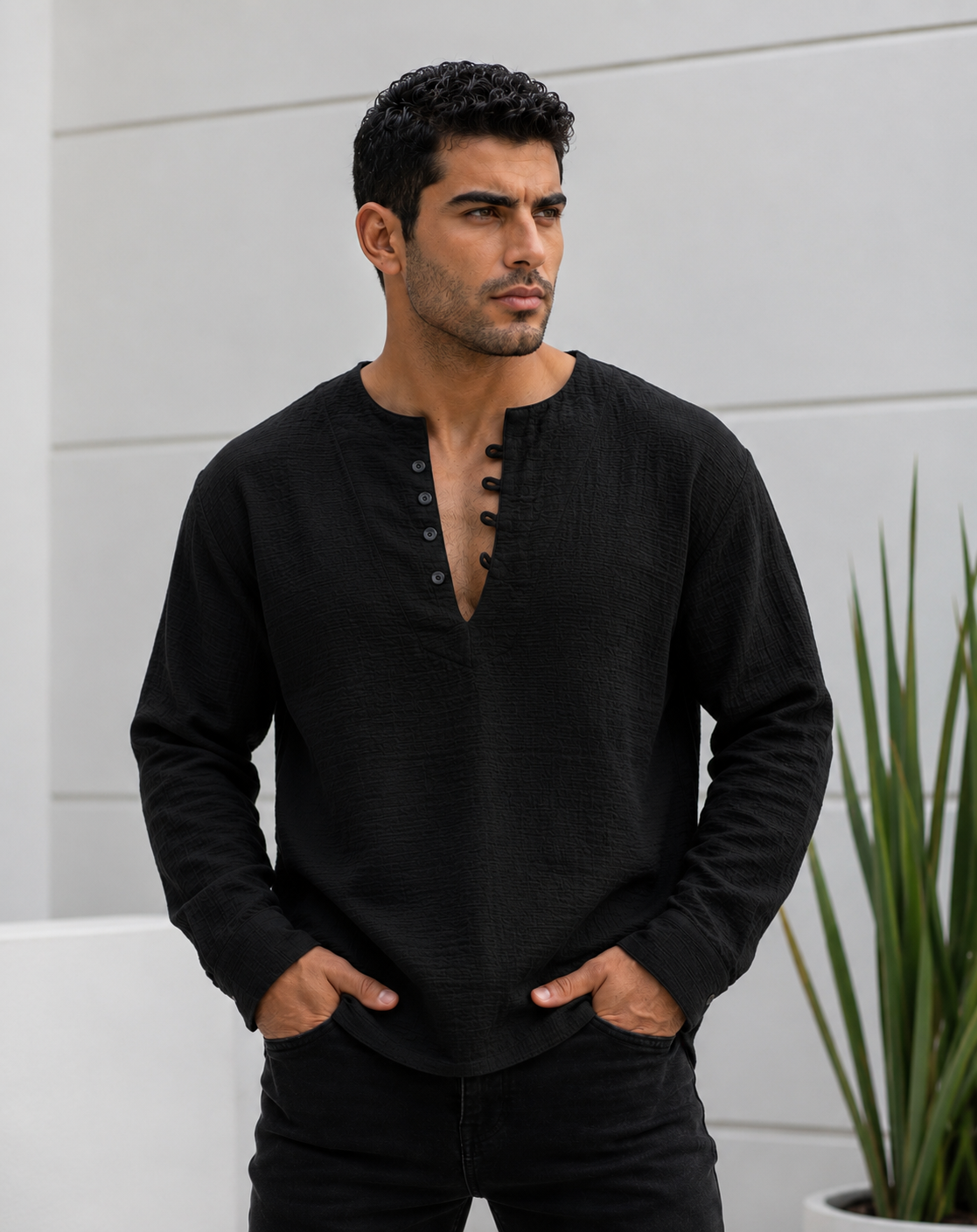 Linen Henley Shirt - 0163 / black
