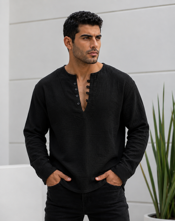 Linen Henley Shirt - 0163 / black