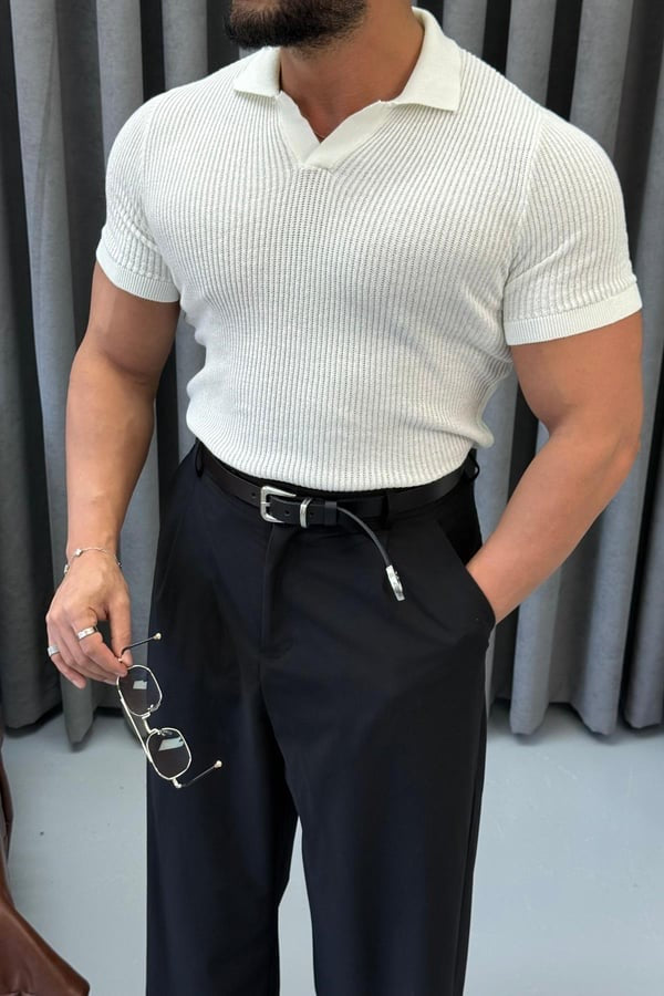 Ribbed Knit Polo – white 0136
