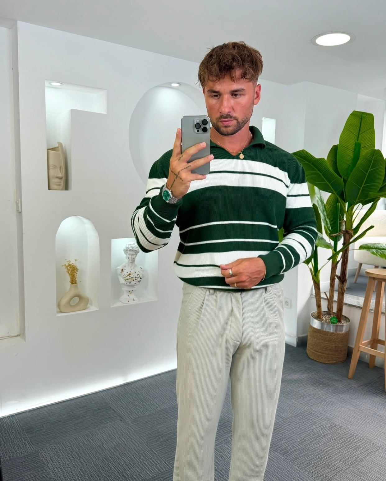 White- green stripes pullover - 0098