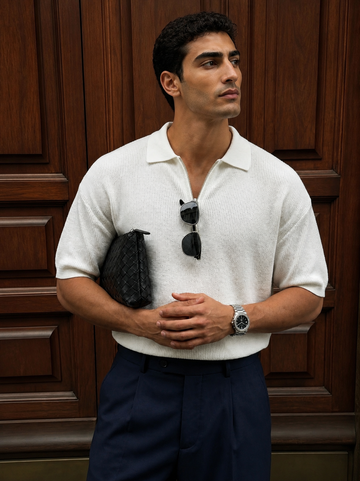 Textured Half-Zip Polo / white / 0160