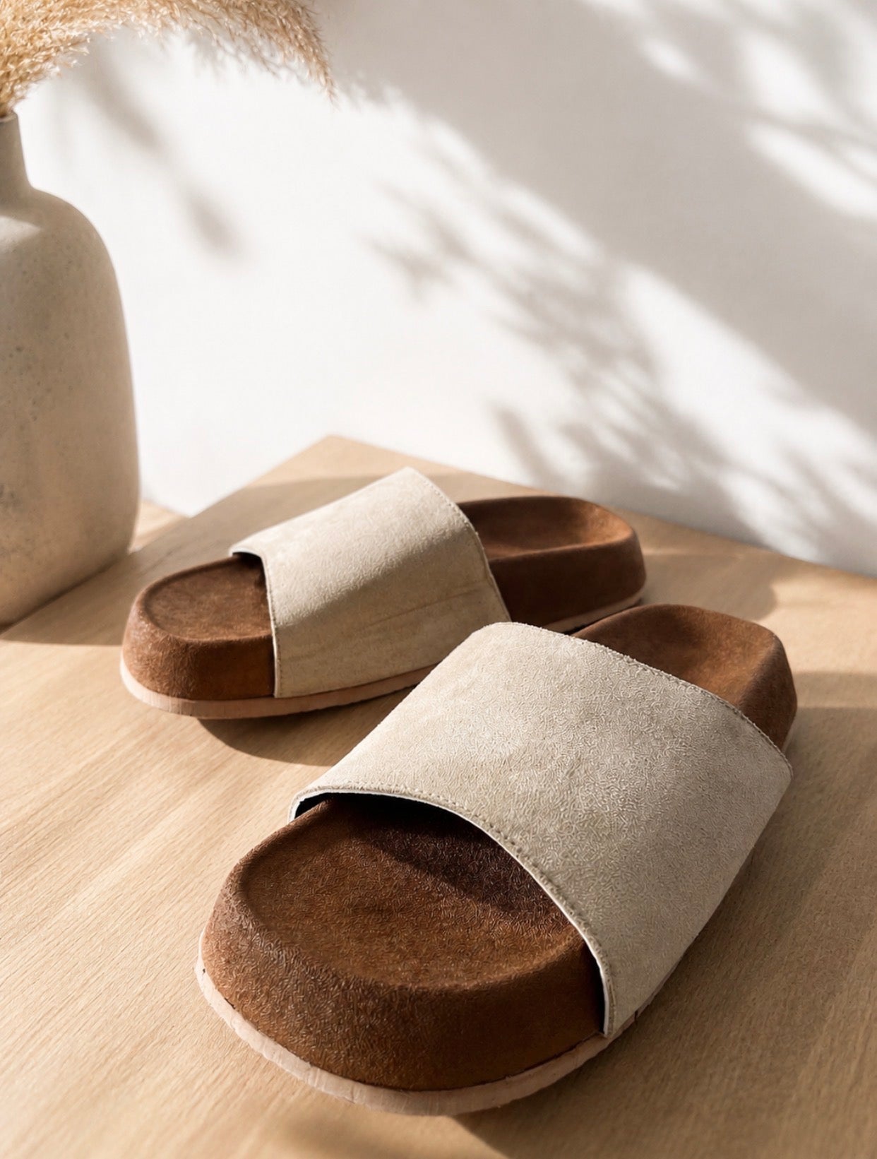 Leather Comfort Slide Sandals-beige - 009