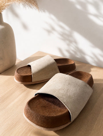 Leather Comfort Slide Sandals-beige - 009