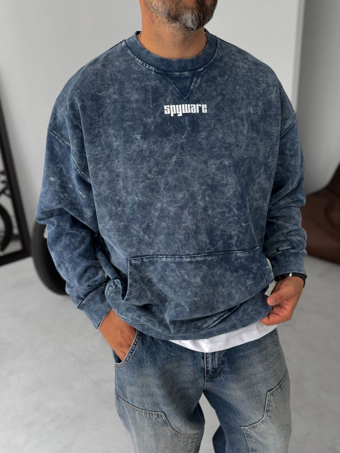 Washed spyware printed sweatshirt / navy blue  - 0056