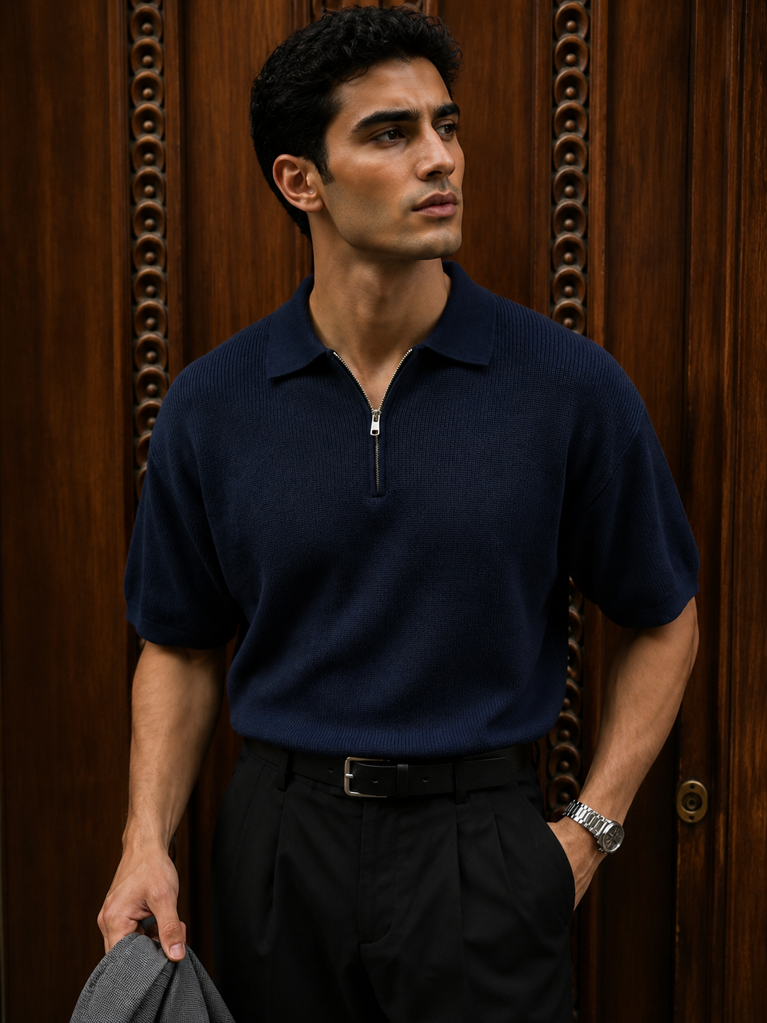 Textured Half-Zip Polo / Navy blue / 0160
