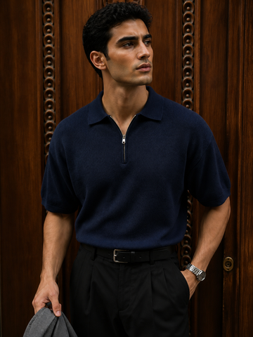 Textured Half-Zip Polo / Navy blue / 0160