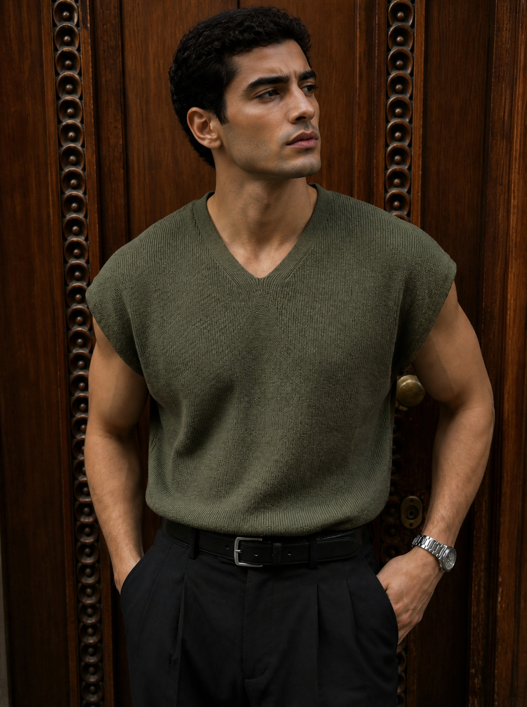 Sleeveless Textured Knit Top / 0135 / green army
