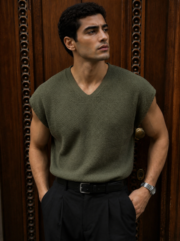 Sleeveless Textured Knit Top / 0135 / green army